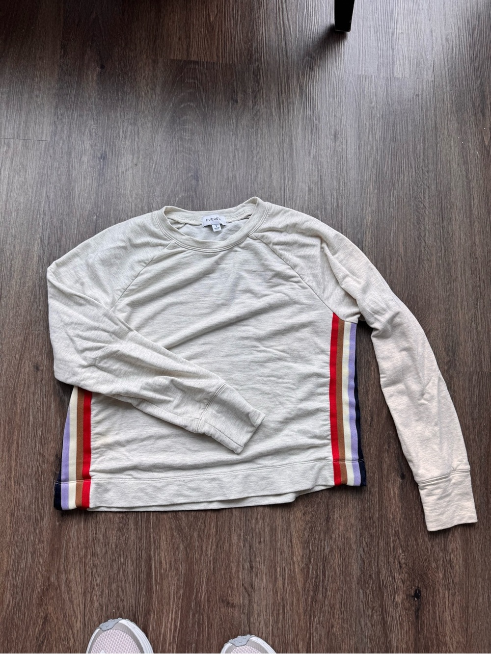 Evereve Cream Long Sleeve Crew with Multicolor Side Stripes